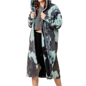 Longline Fuzzy Fleece Open Front Hooded Cardigan Jacket Tie Dye